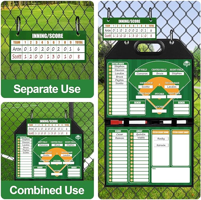 Magnetic Baseball Lineup Board for Dugout | Leather Cover, Foldable Coaching Board for Baseball & Softball with Carry Handle, Includes 40 Lineup Cards,Scoreboard, 2 Markers, Eraser, 4 Carabiners & Bag
