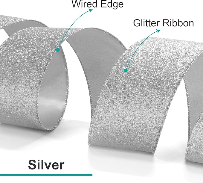 CT CRAFT LLC Glitter Wired Ribbon 2.5" x 10 Yards Silver - Image 2
