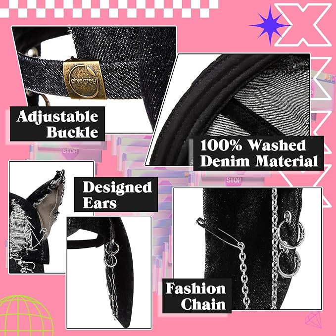 Shyyween Y2K Grunge Hat with Ears Bunny Ear Hat Cat Distressed Denim Baseball Cap Iron Ring Punk Outfit for Women Accessories