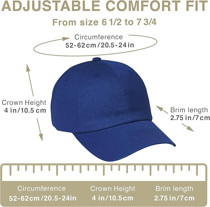 Classic Dad Hat Cotton, Low-Profile Plain Baseball Cap, Adjustable, Breathable and Packable