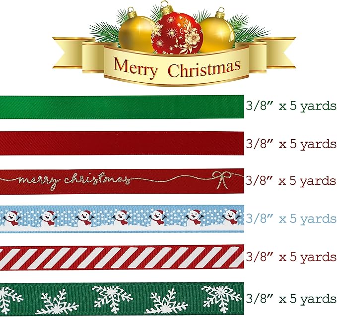 MEEDEE Christmas Ribbon 3/8 inch Thin Holiday Ribbon Set in Red, Xmas Wreath - Image 2