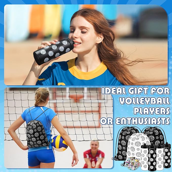 Funnymoom 12 Pcs Volleyball Water Bottle Drawstring Bag Set with 50 Sticker Volleyballs Party Favors 6 Reusable Sports Squeeze Water Bottle 20oz 6 Volleyballs Goodie Gift Bag
