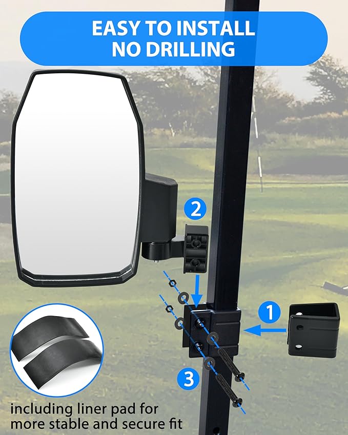 SAUTVS Adjustable Side Mirror for Yamaha, Club Car, EZGO, Most Golf Cart with 0.75"/1"/1.25" Square Tube Roof Bracket, Universal Folding Side Rear View Mirrors Accessories, No Drilling Required