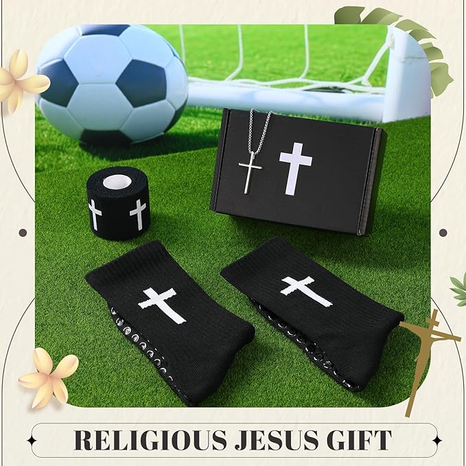 TrelaCo 4 Pack Christian Sports Gift Set with Athletic Tape Sport Socks Cross Necklace Gift Boxes Religious Soccer Socks
