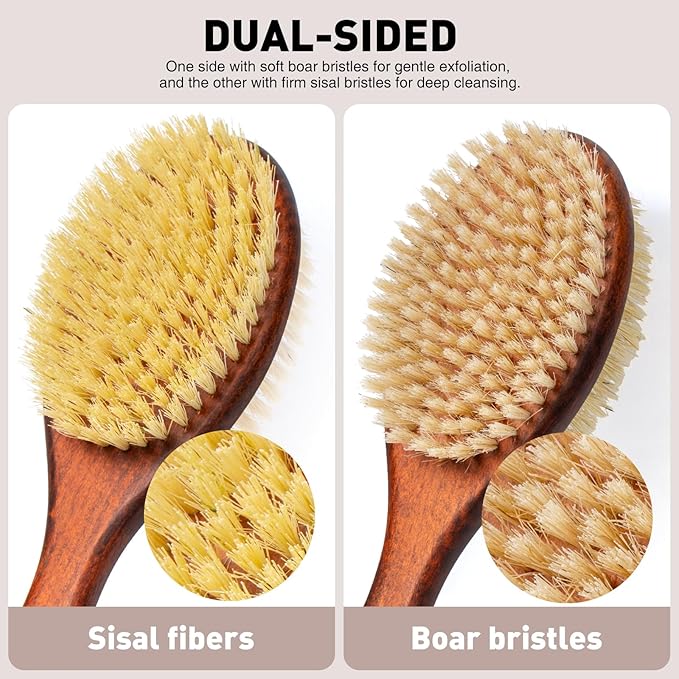Short-Handle Dual-Sided Bath Massage Brush, Soft Boar & Firm Sisal Bristles - Image 2