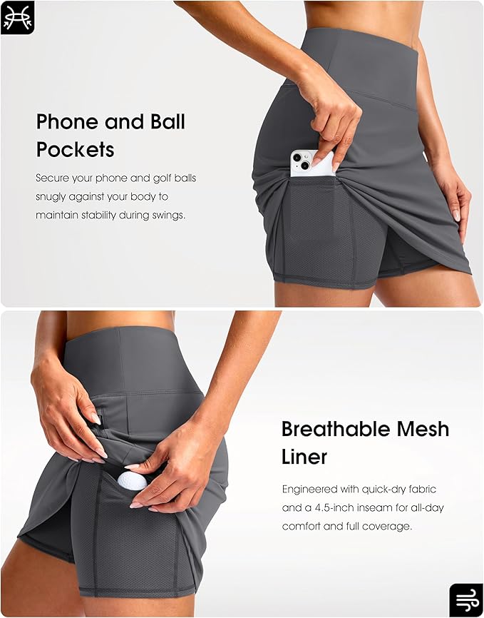 G Gradual 18" Golf Skirts for Women Zipper Pockets Mid Length Skort with Shorts Underneath High Waist Tennis Pickleball