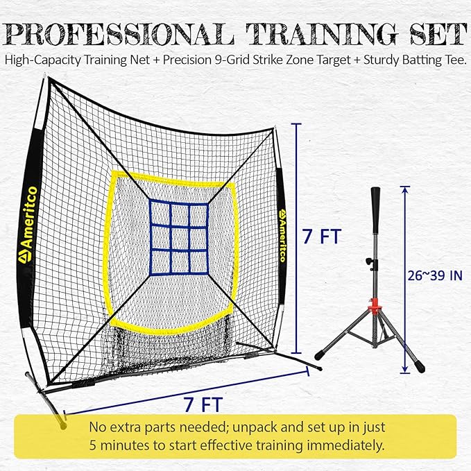 Baseball Net，7x7ft Baseball Practice Net with Tee and Target, Large Pocket Sports net for Hitting/Batting/Pitching/Throwing,Scratch Resistant Base, Versatile Use for All Levels