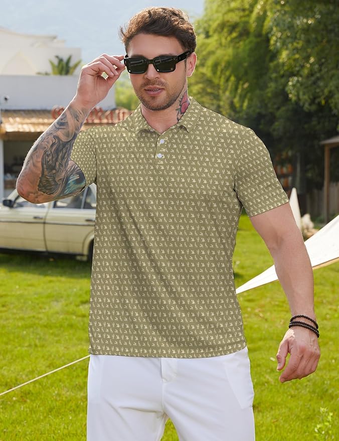 HUURAY Funny Golf Polos for Men Funny Print Short Sleeve Shirts Quick Dry Polo Shirts Hawaiian Shirt Performance Golf Outfits