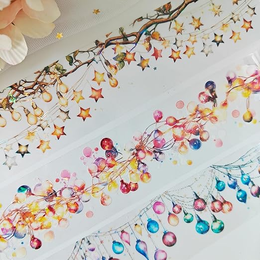 PET Christmas Washi Tape Stickers Set, 3 Rolls Lighting Scrapbook Tape Stickers - Image 2