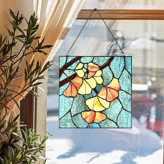 PA0005 Stained Glass Ginkgo Leaf Hanging Panel-10 Wx10 H Window Suncatcher - Image 3