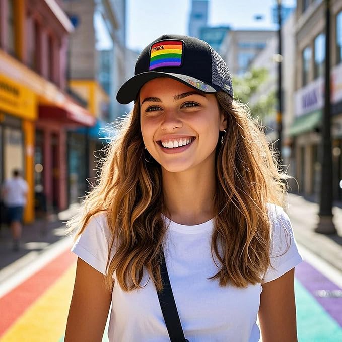 Unisex Pride Trucker Hat, LGBT Rainbow Stripes Embroidered Baseball Cap, Adjustable Snapback Mesh Hat for Men Women