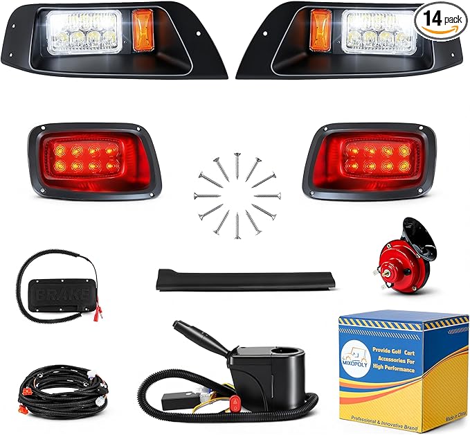 Golf Cart Light Kit for EZGO TXT Gas & Electric 1996-2013, 12V Street Legal Full Headlight Tail Light Kit with Turn Signal Switch, Horn Button, Hazard Flasher and Brake Pad
