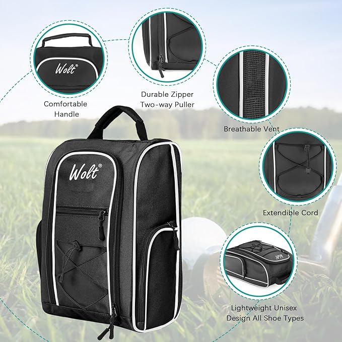 Wolt 2 Pcs Golf Shoe Bag for Travel- Zippered Shoes Carrier Bags with Ventilation & Double Outside Accessory Pocket for Socks, Tees, Golf Balls, Etc. for Women and Men (Black+Pink)