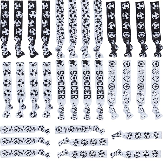 YKW 32 Pack Soccer Headbands Hair Ties No Crease Elastic Sports Hair Accessories for Women Girls Players - Team Gifts Sports Party Favors Black White Soccer Ribbon Ponytail Holders