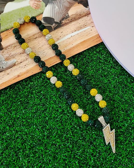 Baseball Necklace for Men 16/18/20 Inch Bling Ice Collection Lightning Bolt Pendant Necklace for Women Rhinestone Clay Beaded Discoball Accessories Gifts for Baseball Team Players Lovers