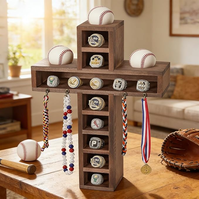 Cross Baseball Ring Display Case with 4 Extra Hooks,3 Baseball Display Location and 12-Slot,Wooden Wall Mount Baseball Ring Holder for Collection Balls, Medals,Sports Champion Rings