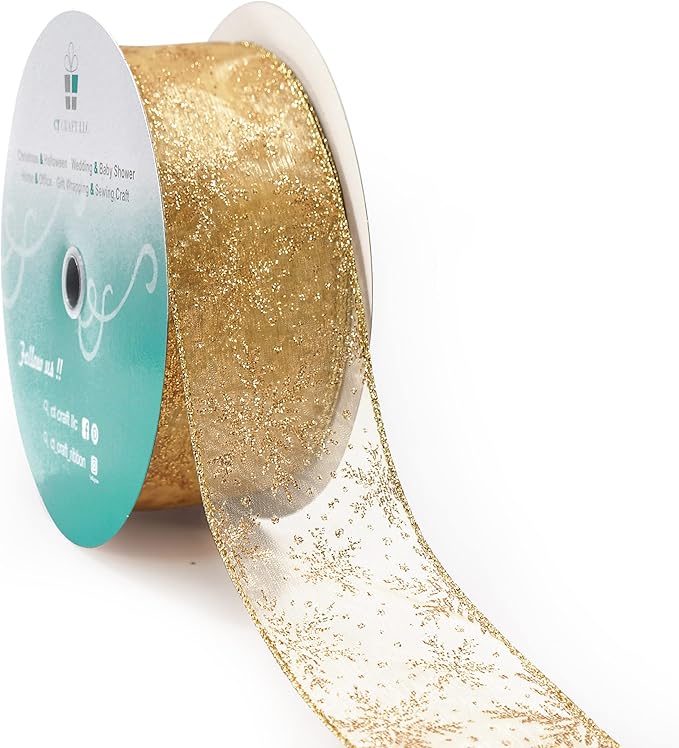 CT CRAFT LLC Organza with Gold Glitter Snowflakes Wired Ribbon 2.5 inch x 50 by CTCRAFTLLC
