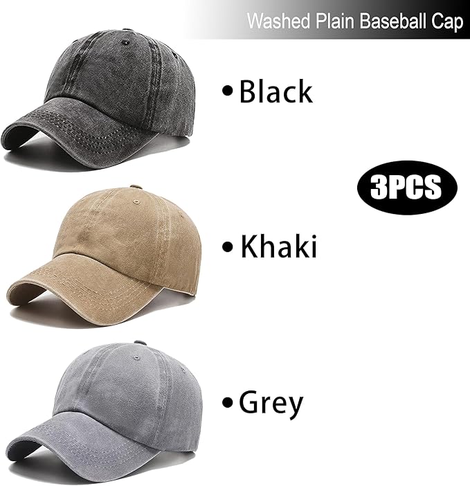 3 Pack Washed Plain Vintage Baseball Cap Cotton Adjustable Twill Bulk Low Profile Classic Dad Hat for Men/Women