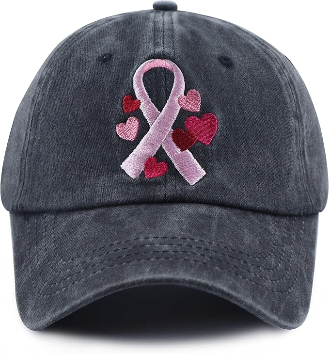 Fight Breast Cancer Hats for Women, Cotton Embroidered Pink Ribbon Little Heart Baseball Cap