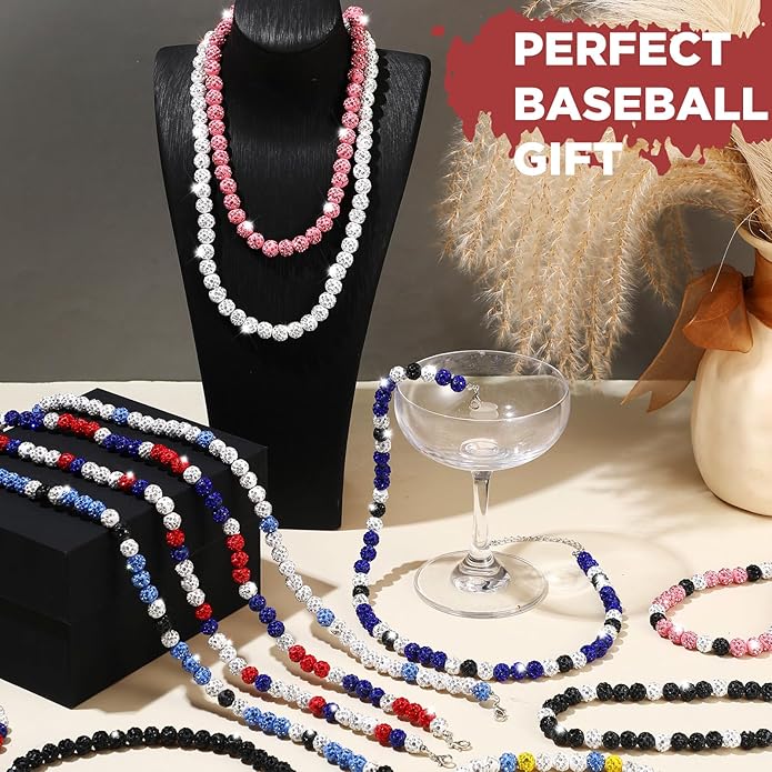 Landical 12 Pcs Bling Baseball Necklace Ice Beaded Baseball Necklace Cool Gifts Bulk for Team Players Lovers Fans
