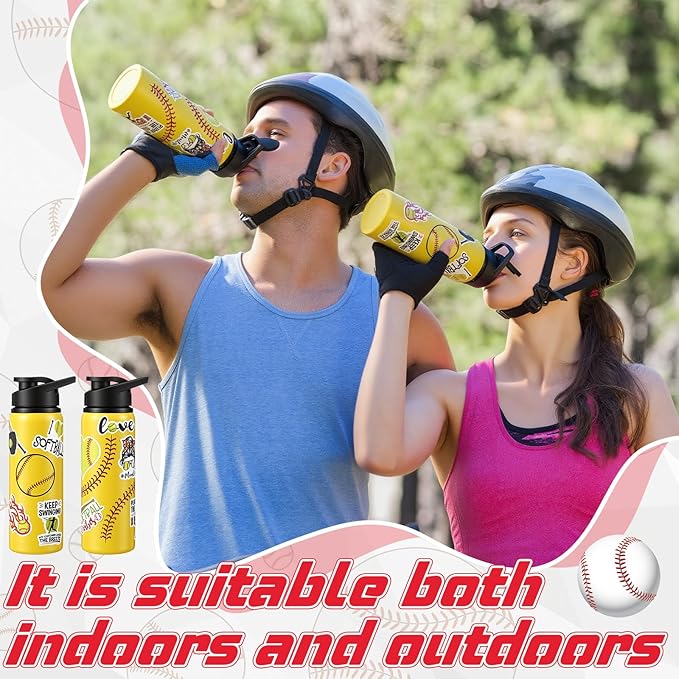 Ceenna 2 Pcs 24 oz Softball Water Bottle with 50 Stickers, Stainless Steel Insulated Travel Tumbler Softball Gifts for Team Sports Fans, Travel Gym Hiking Cycling Camping Bike Cages