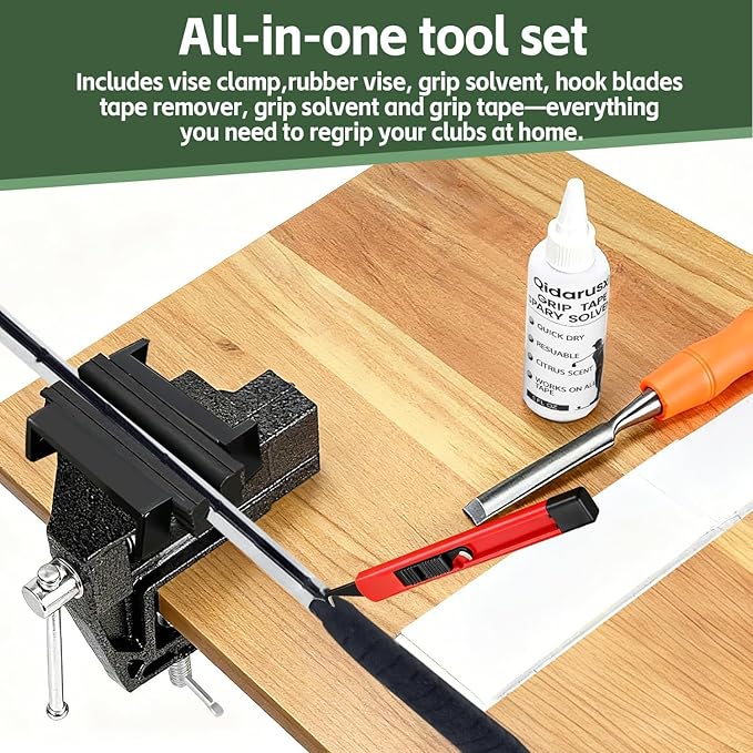 Golf Grip Kit for Regripping Golf Clubs – All-in-One Golf Regripping Kit with Portable Table Vise Rubber Clamp, Hook Blade, Grip Tape, Solvent & Tools – Golf Grip Replacement Kit