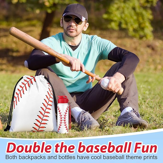 Olgaa 12 Pcs Baseball Party Favors Include 6 Pcs Water Bottle 20 oz 6 Pcs Drawstring Bag Sports Themed Reusable Drink Bottles Bulk Accessories for Players Lovers Team Gifts (Baseball)