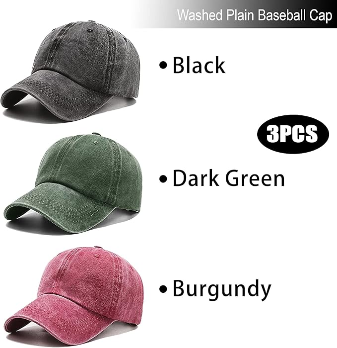 3 Pack Washed Plain Vintage Baseball Cap Cotton Adjustable Twill Bulk Low Profile Classic Dad Hat for Men/Women