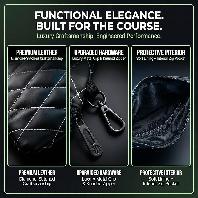 Premium Leather Golf/Travel Valuables Pouch Luxury Zippered Utility Bag with Diamond Stitching, 360 Swivel Clip, Soft Interior for Golf Accessories & Travel Essentials (Black)