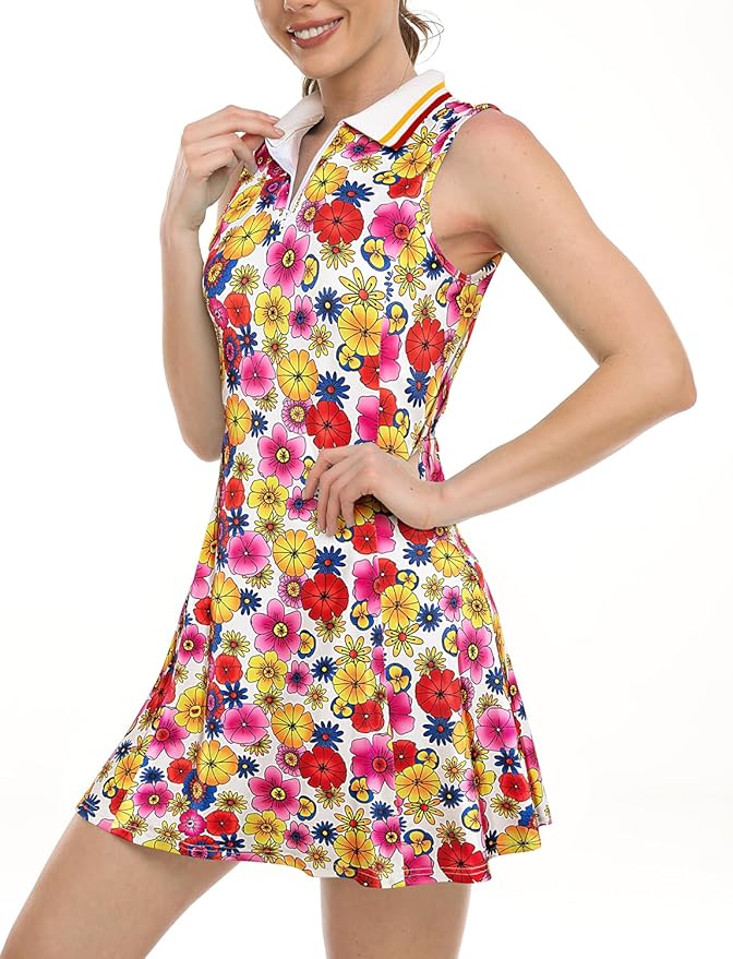 Womens Sleeveless Golf Tennis Dresses with Inner Shorts＆Pockets for Workout Exercise