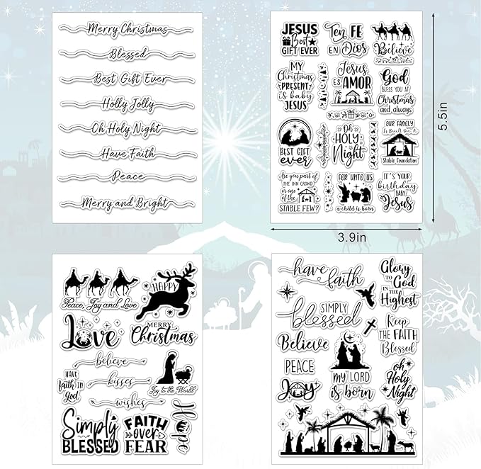 Whaline 4 Sheets Christmas Clear Stamps Greeting Words Nativity Scene Silicone - Image 2