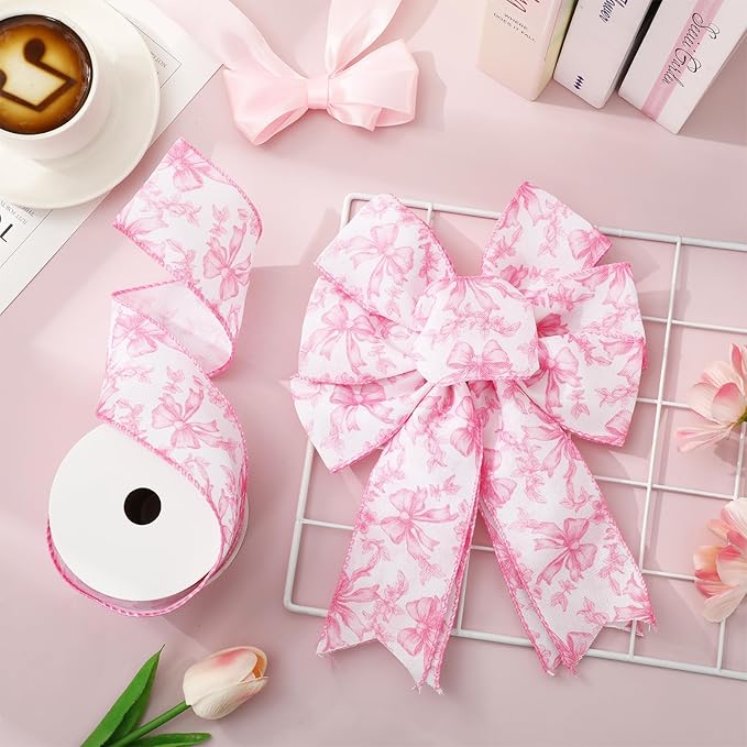 Pink Floral Bow Wired Edge Ribbon Chinoiserie Flower Bowknot Fabric Ribbon - Image 4