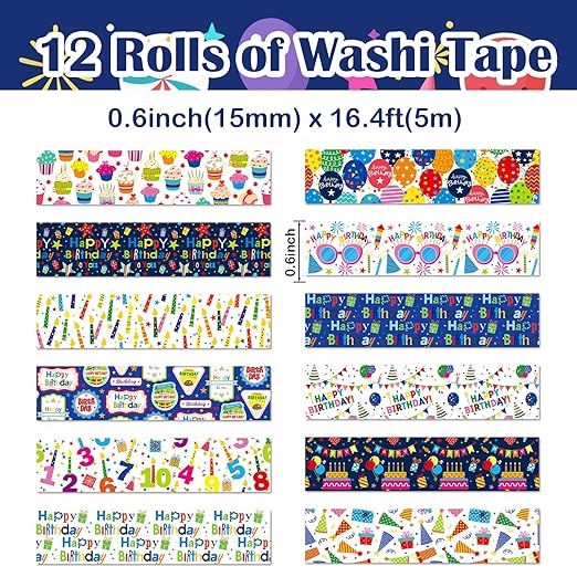 12 Rolls Happy Birthday Washi Tape, Colorful Cake Candles Masking Tapes - Image 2