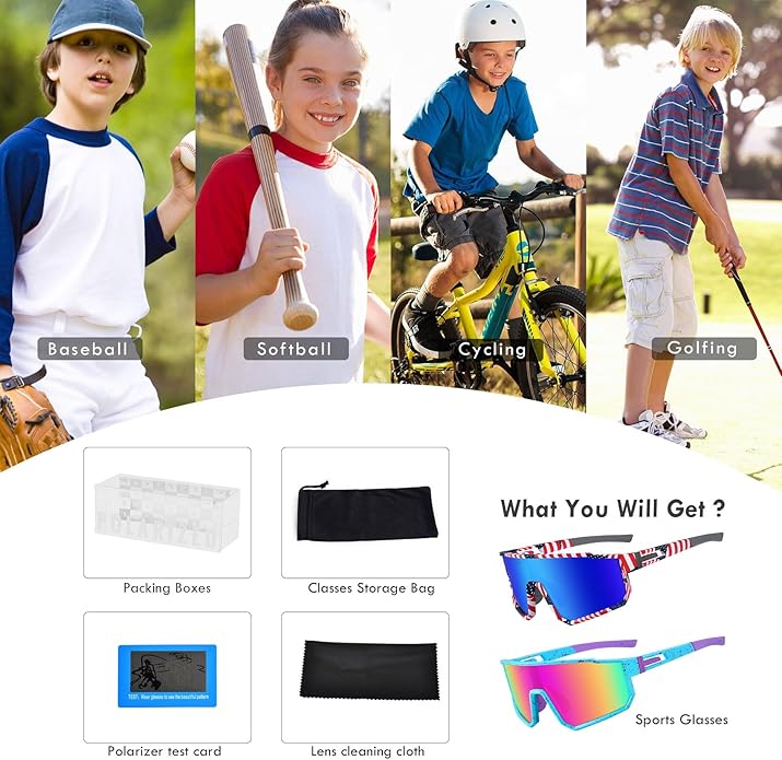 MVPTGRS Youth Baseball Sunglasses for Boys Girls Age 8-14 TR90 Frame Kids Sport Sunglasses for Softball Cycling Baseball Golf