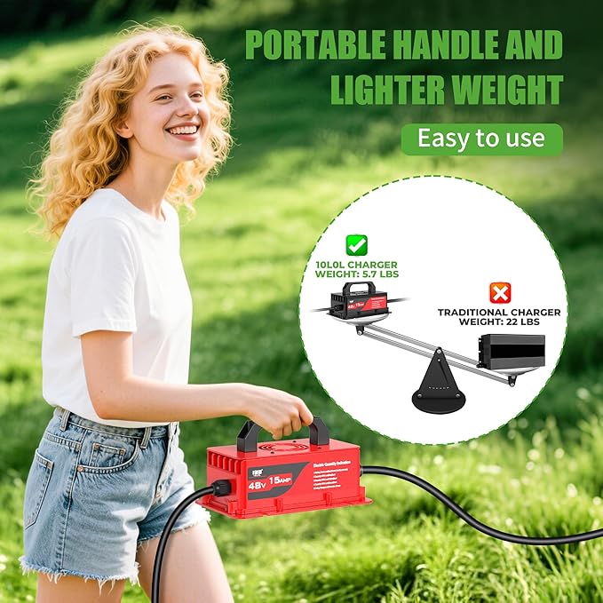 10L0L 48V Golf Cart Battery Charger for Club Car DS Precedent, 15Amp Smart Charger with 3-Pin Plug for Lead Acid Batteries, IP67 Waterproof, Auto Shut-Off