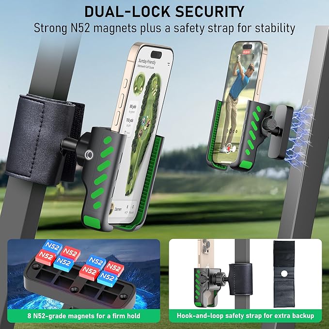Magnetic Golf Cart Phone Holder 360°, Golf Cart Accessories Gift for Men Women, Fits EZGO Club Car Yamaha, 8X N52 Magnets with Safety Strap, Phone Caddy for iPhone Galaxy Pixel, 2026 Stocking Stuffers