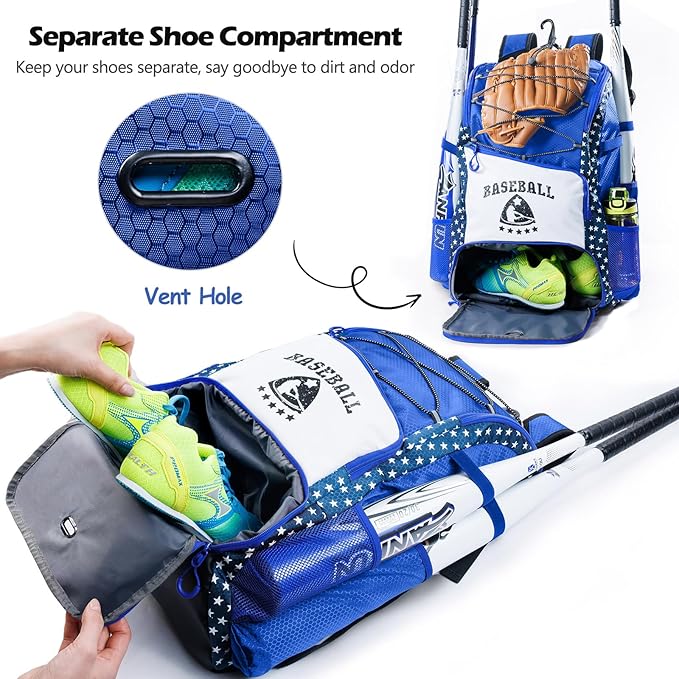 Baseball Bag for Youth & Adult with 4 Bat Sleeves - Softball Bat Bag with Shoe Compartment - Baseball Backpack for T-Ball, Softball Equipment, Baseball Gear, Baseball Bags for Boys 8-12