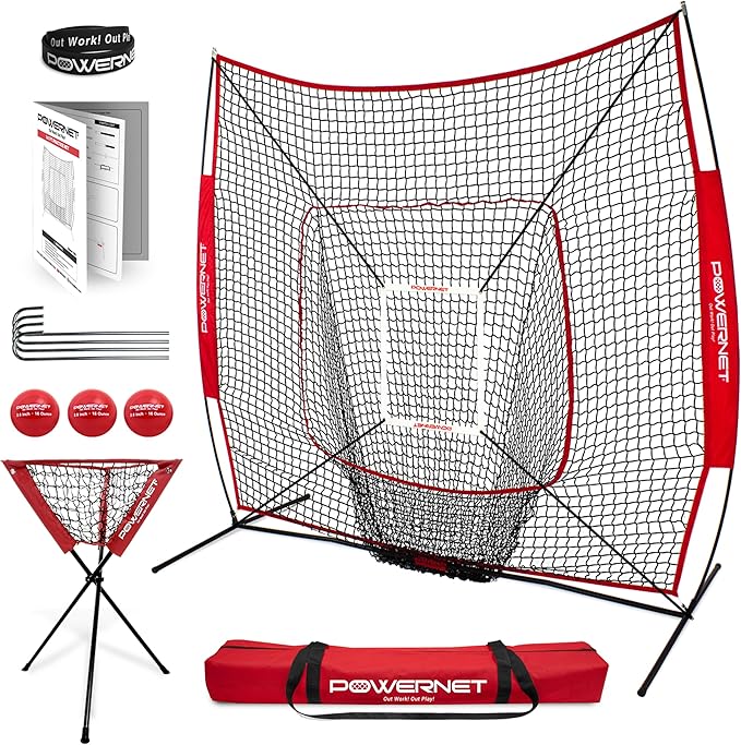 PowerNet Baseball Softball Practice Net 7x7 with Baseball Accessories for Practice Pitching, Batting & Fielding, Ball Caddy, Weighted Baseballs, Tee