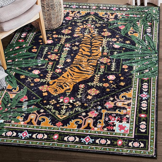 Oriental Tropical Washable Rugs, Stain Resistant Black Boho Vintage Hippie 6x9 by Aldopein