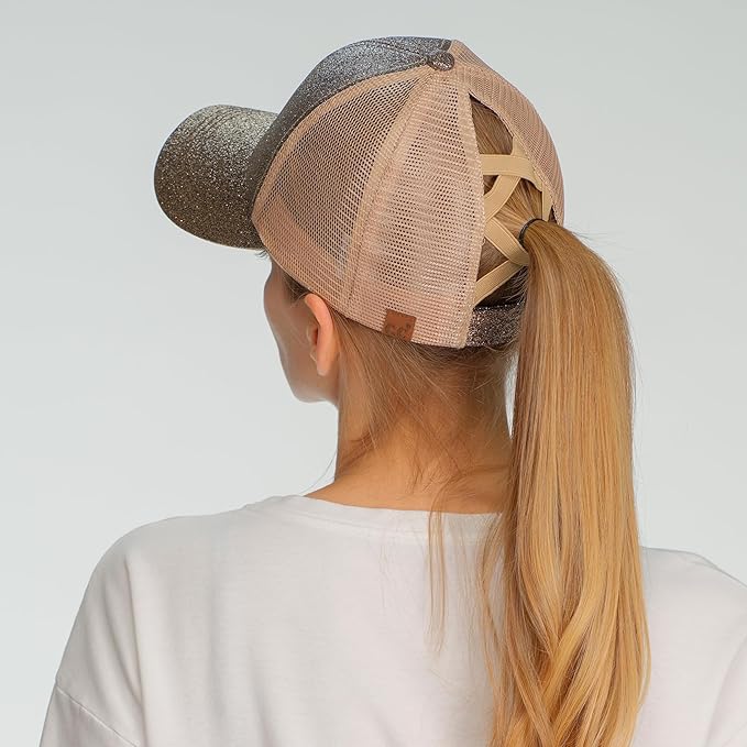 C.C Ponycap Messy High Bun Ponytail Adjustable Glitter Mesh Trucker Baseball Cap