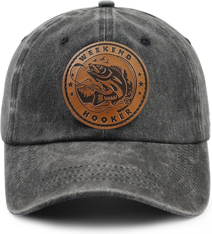 Weekend Hooker Hat for Men Women, Vintage Cotton Fish Decor Leather Patch Baseball Cap for Fishing Lovers Dad Mom
