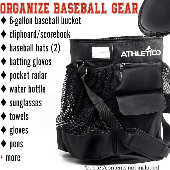 Athletico Baseball Bucket Cover Organizer - Baseball Bucket Bag With Padded Seat (Black)