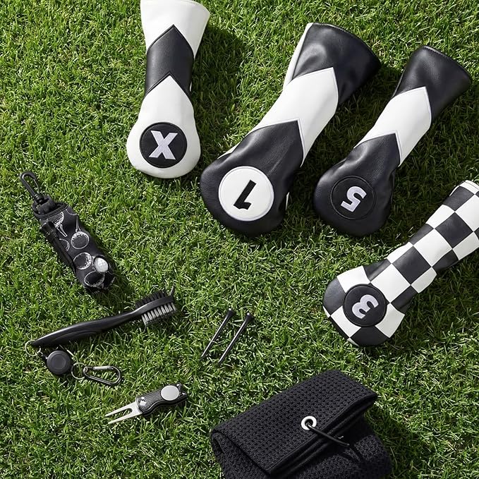 16 Pcs Golf Accessories Kit Include 4 Pcs Golf Club Head Covers, Ball Bag with Hook Towel Magnetic Ball Marker Tees Divot Tool Cleaner Brush for Gifts