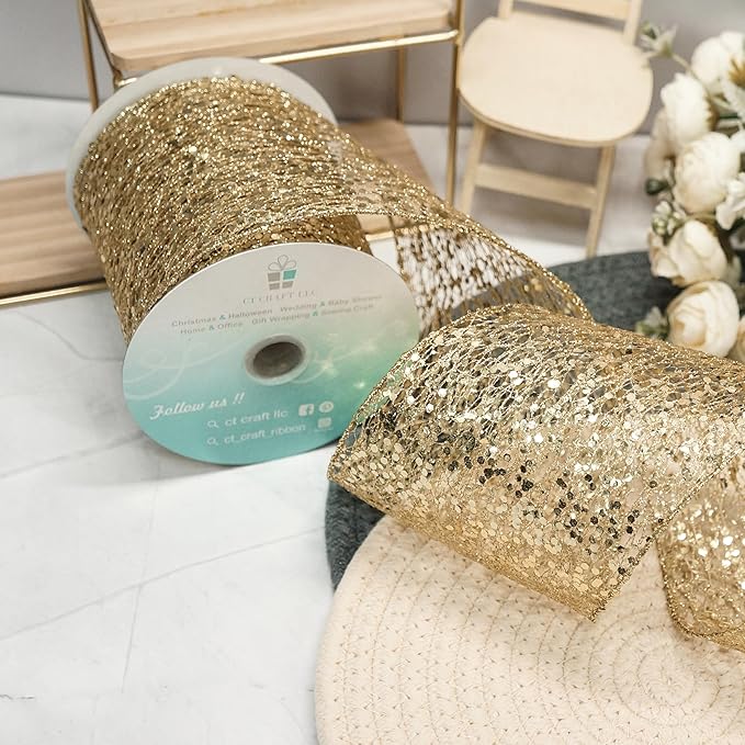 CT CRAFT LLC Sparkling Glitter Mesh Wired Ribbon 4" x 10 Yards Gold - Image 8