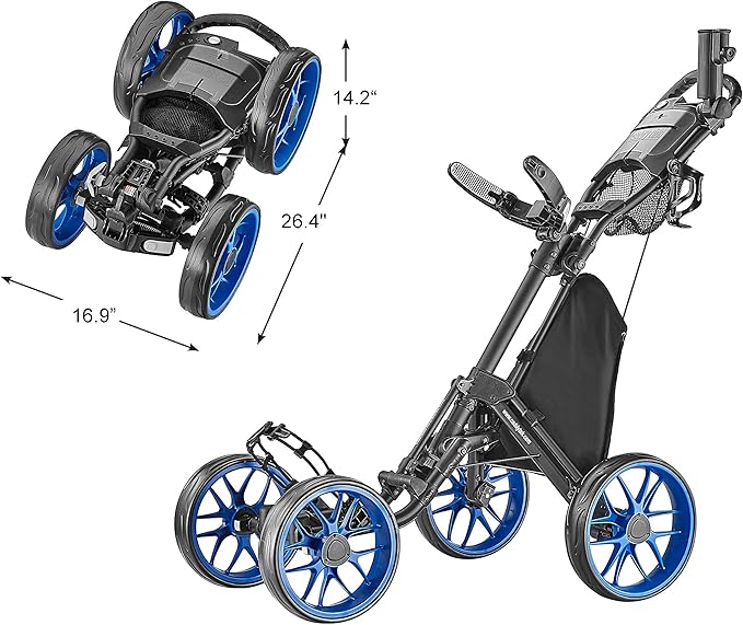 CaddyTek 4 Wheel Golf Push Cart - Caddycruiser One Version 8 1-Click Folding Trolley - Lightweight, Compact Pull Caddy Cart, Easy to Open