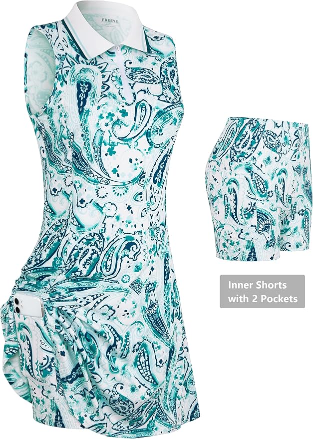 Womens Sleeveless Golf Tennis Dresses with Inner Shorts＆Pockets for Workout Exercise