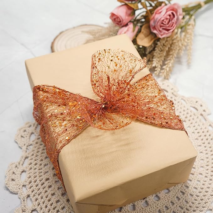 CT CRAFT LLC Sparkling Glitter Mesh Wired Ribbon 6" x 10 Yards Bronze Orange - Image 5