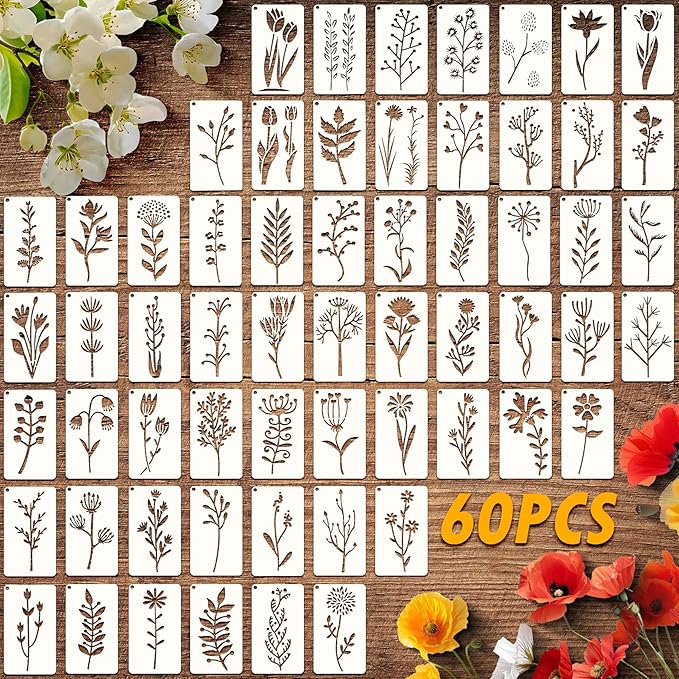 60 Pcs Flower Stencils for Painting, Reusable Small Craft Stencils for Wood by Unknown