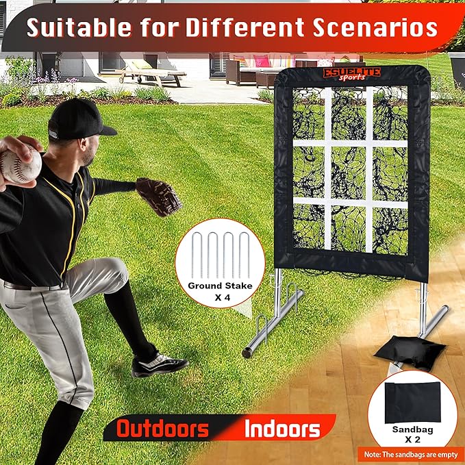 9 Hole Pitching Net with Strike Zone, Baseball Softball Pitching Target – Adjustable Height Portable Indoor Outdoor Training Equipment for Pitchers of All Levels, Coaches, and Players