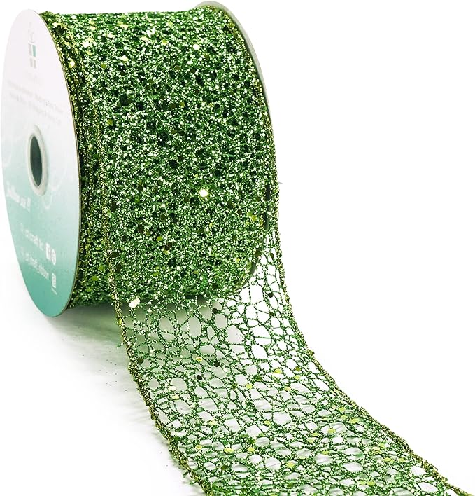 CT CRAFT LLC Sparkling Glitter Mesh Wired Ribbon 2.5" x 10 Yards Green by CTCRAFTLLC
